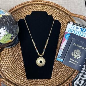 Boho Beaded Round Hammered Medallion Leather Necklace